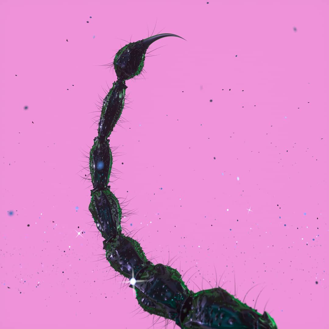 Rendering showing a pink scene with glitter in the air. In the middle of the image, there is a dark, black-brown tail of a scorpion. The tail is rough, with hairs, and some glitter is falling on it.