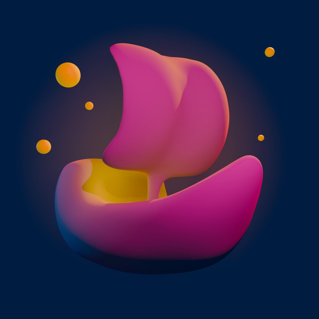 3D rendering of a smooth, clay-like ship icon. The colors are vibrant, featuring dark petrol with hot pink and warm yellow accents. Surrounding the ship are yellow star-like spheres. The deck of the ship glows in a warm yellow.