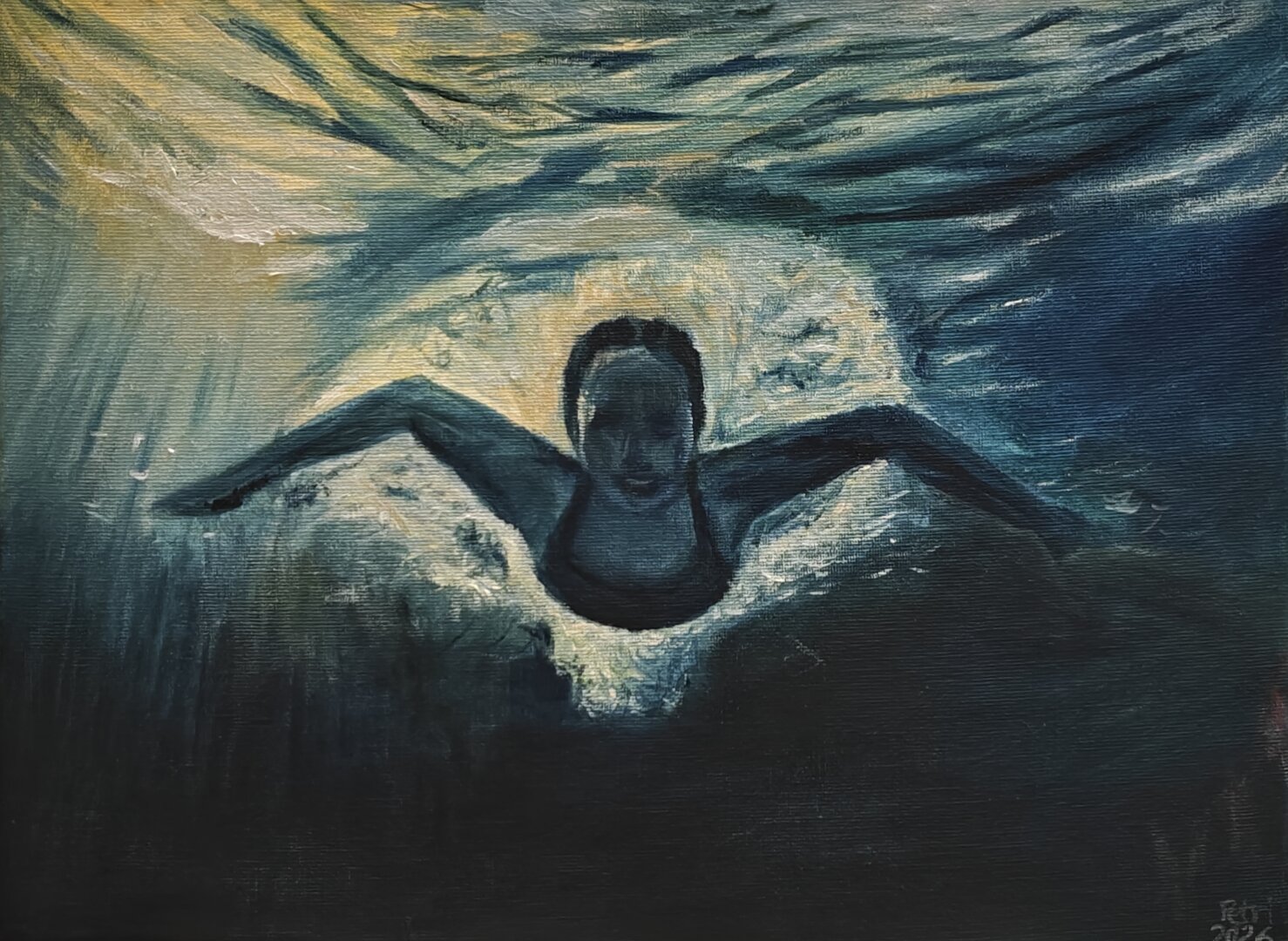 Underwater oil painting of a woman who has just dived into the water and is swimming toward the viewer. Her face is mostly in shadow, while her outstretched arms cut through dark blue water. Bright white foam and ripples surround her upper body, and the surface above glows with turquoise and pale gold light. The painting feels both dynamic and quiet, capturing the brief silence that follows a dive.
