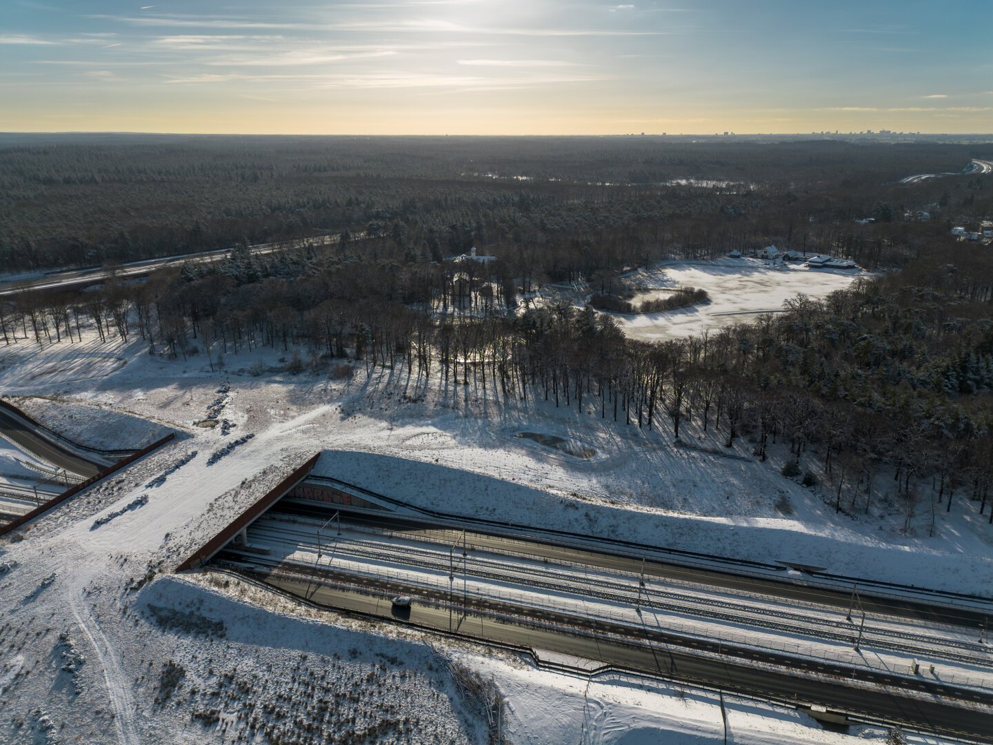 Winter landscape with barren trees casting long shadows over snow covered fields. A nature bridge spans a transport corridor with a buslane, railroad and normal road.