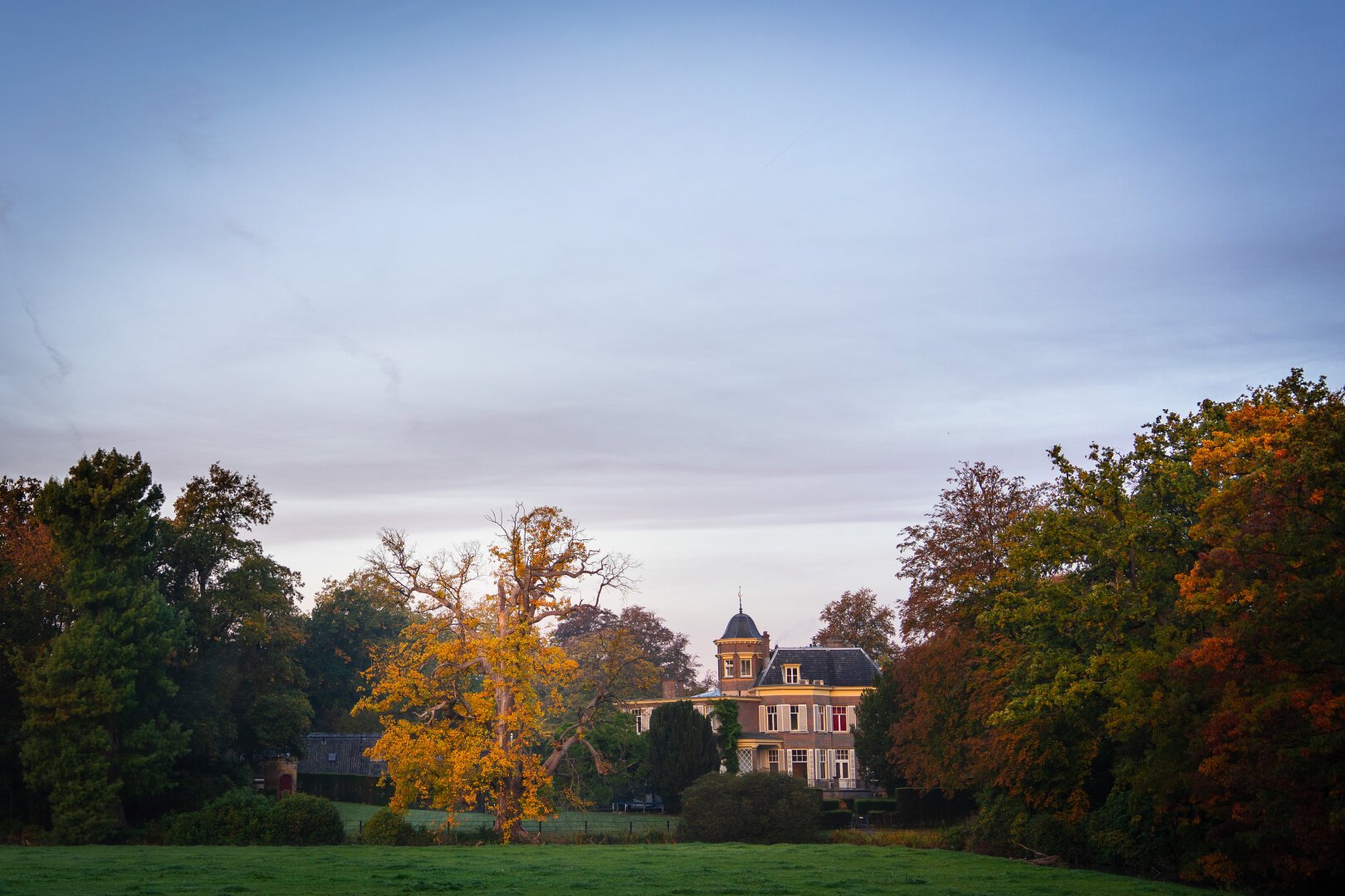 Autumn scene with tulip tree in yellow left of center and the main estate building of Jagtlust right of center.