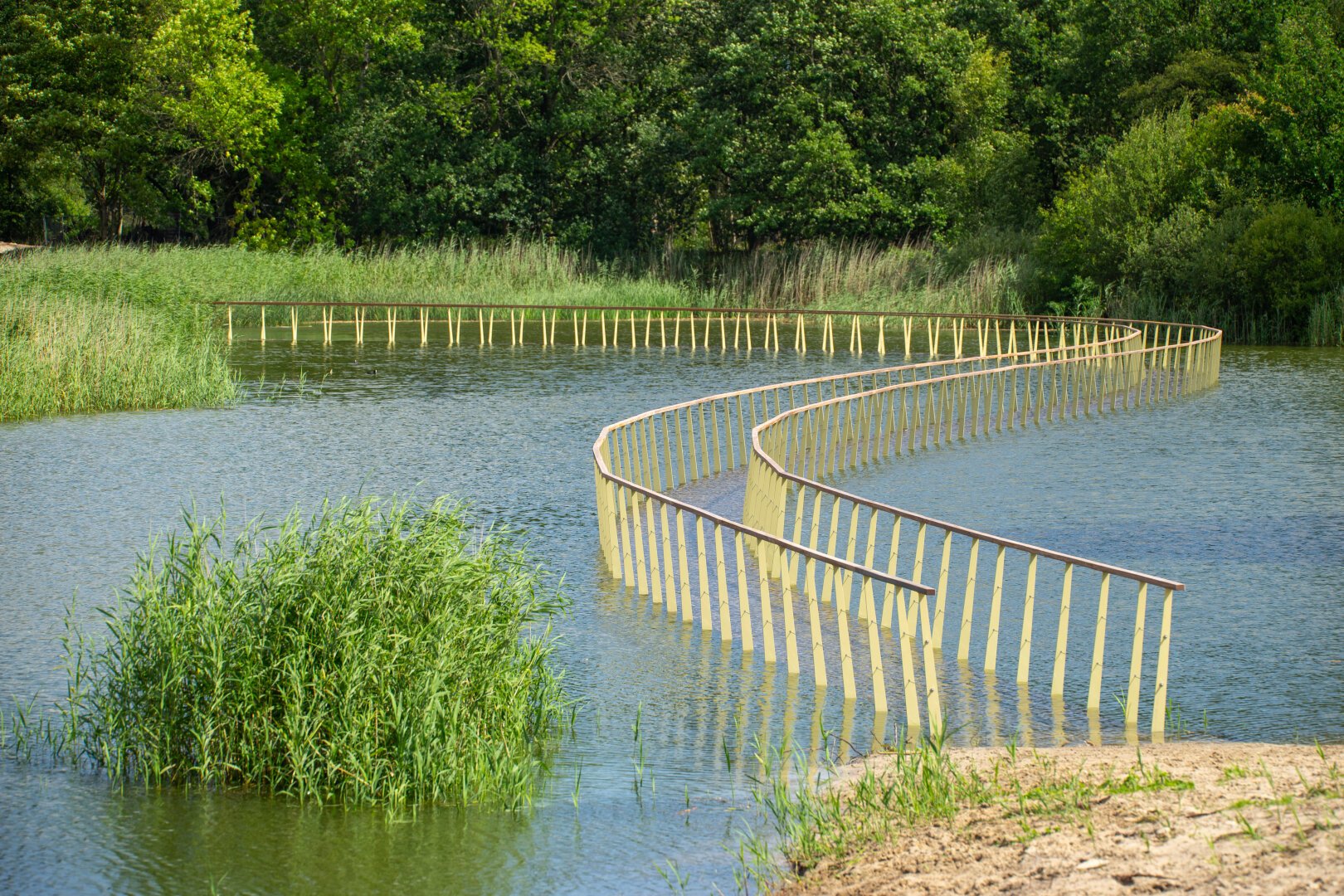 A flooded decking path, walking bridge in a pond where only the railings are sticking out of the water.