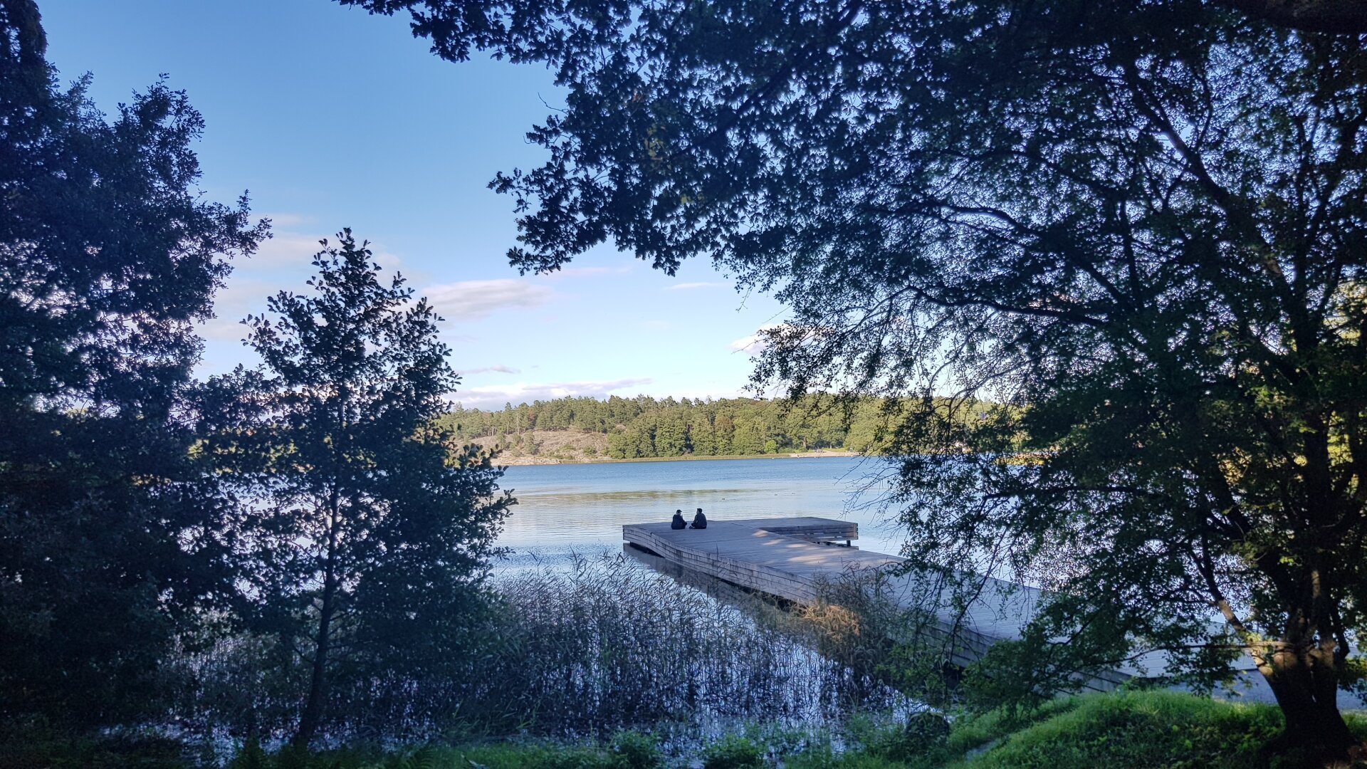 Two people sitting on a dock, facing the water on a sunny day.