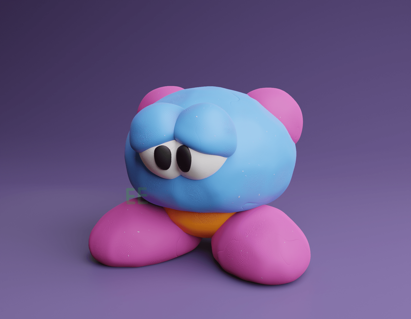 A creature made of play doh. He has a blue head, small pink blobs on his head, a small orange body hidden beneath his head, and two large pink feet. His large eyes are half closed, like he's sad. He stands in a light purple void of nothingness.