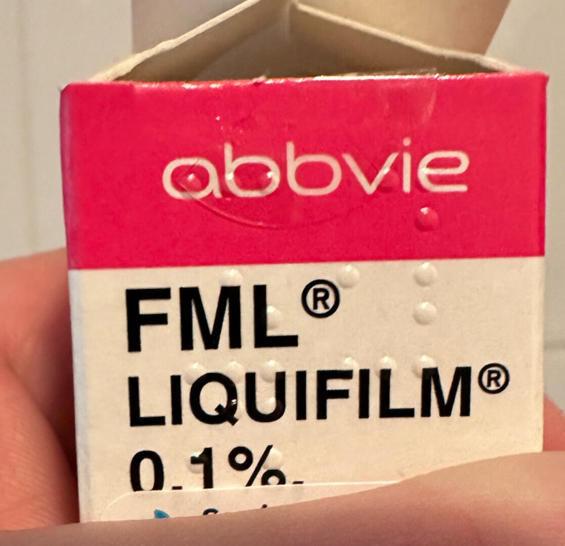 Package of eye drops with the brand name “FML”.