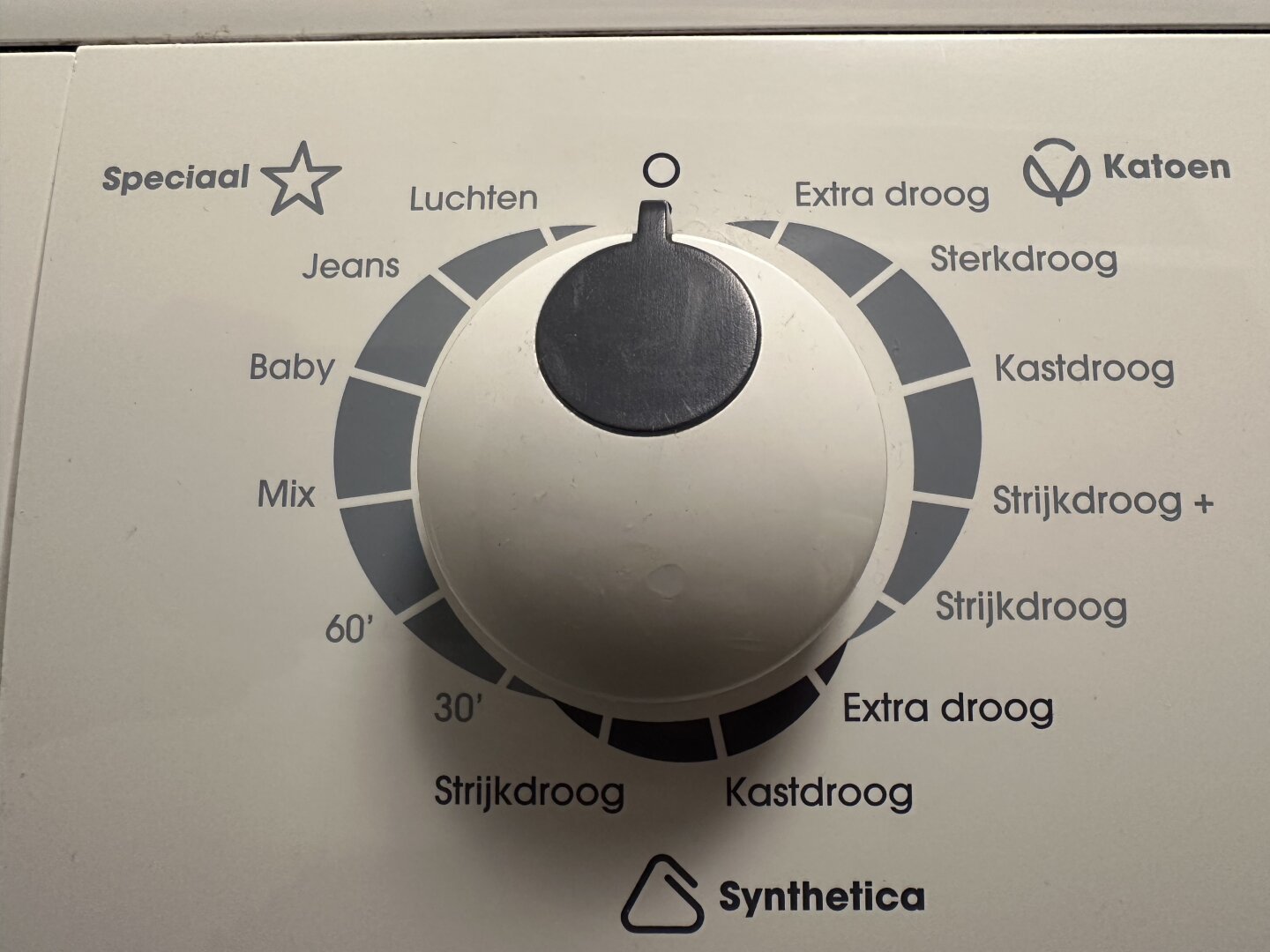 Settings knob for a dryer. One of the settings is labeled “Baby”.