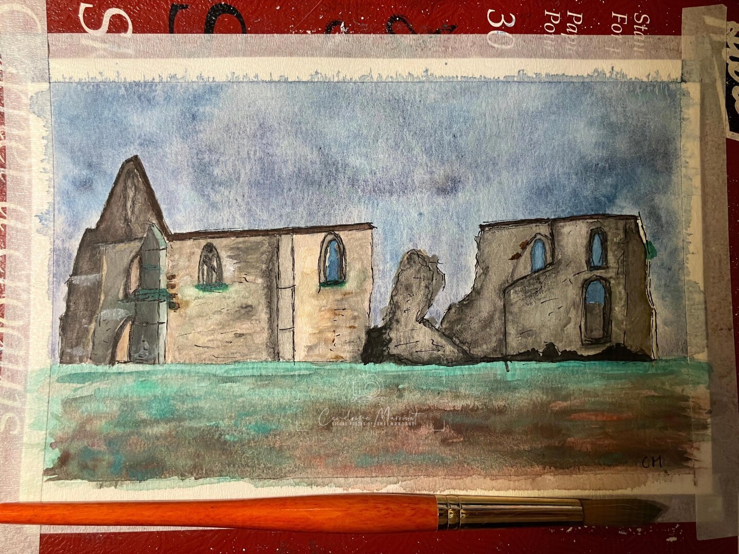 A watercolor painting featuring the Abbaye Notre-Dame-de-Ré dite des Châteliers, in France.