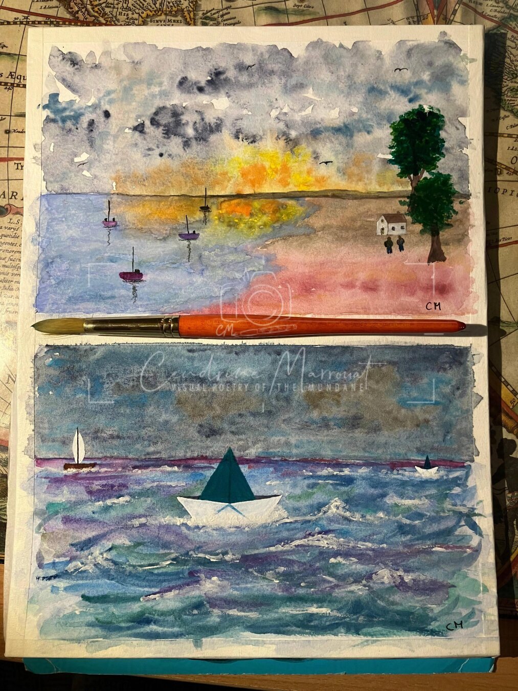 Two small watercolor paintings featuring water and small boats.