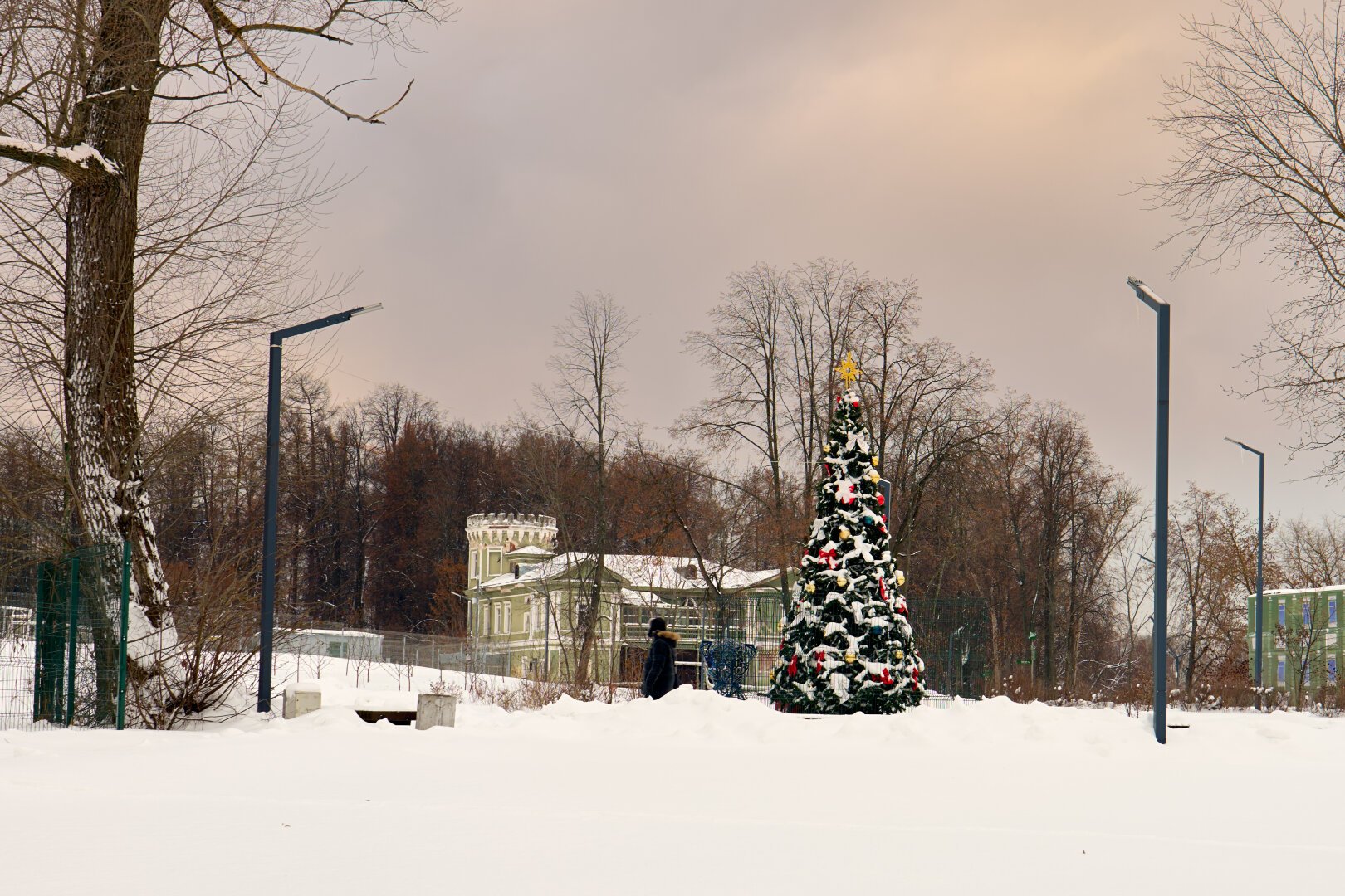 One man walked near the Christmas tree.