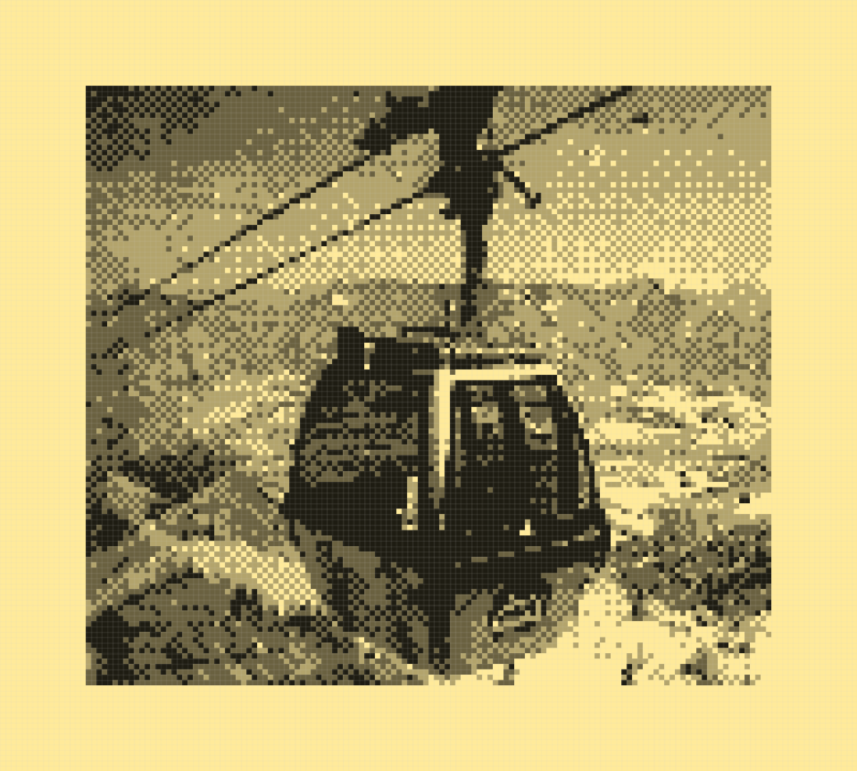 Photo of a cable car going up a mountain, photographed out of a descending cable car, with a few hills visible in the background, clear day, highly pixelated