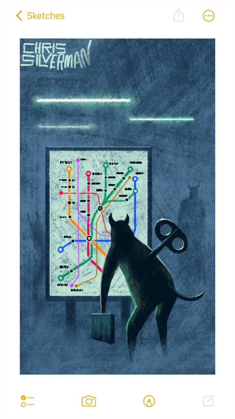 Goblin town: a dull, gray netherworld. A figure with horns and a long tail stands in front of a glowing billboard displaying a subway map of some unknown city. The map has numerous interconnecting colored lines, rendered in sharp geometric lines. No city is recognizable, and no station names are legible. The figure, silhouetted in the greenish glow from the board, is slightly hunched, with short legs and long arms. It is holding a briefcase, and has a windup key sticking out of its back. A low fog hangs over the ground. Glowing green-white fluorescent tubes hang above the scene. A few dim, horned shapes roam in the background. The painting is signed "Chris Silverman".