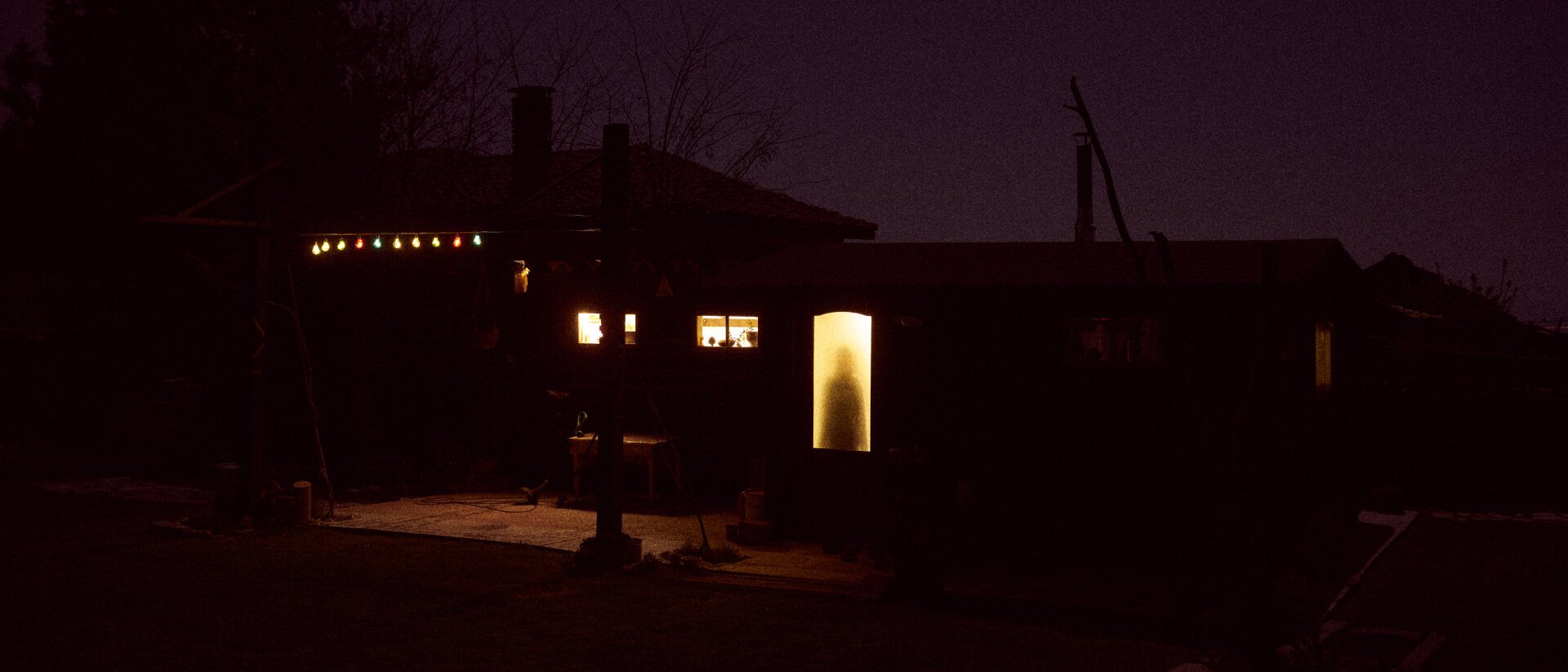 Night shot, creepy. A silhouette visible behind the bright glass door of a countryside house.