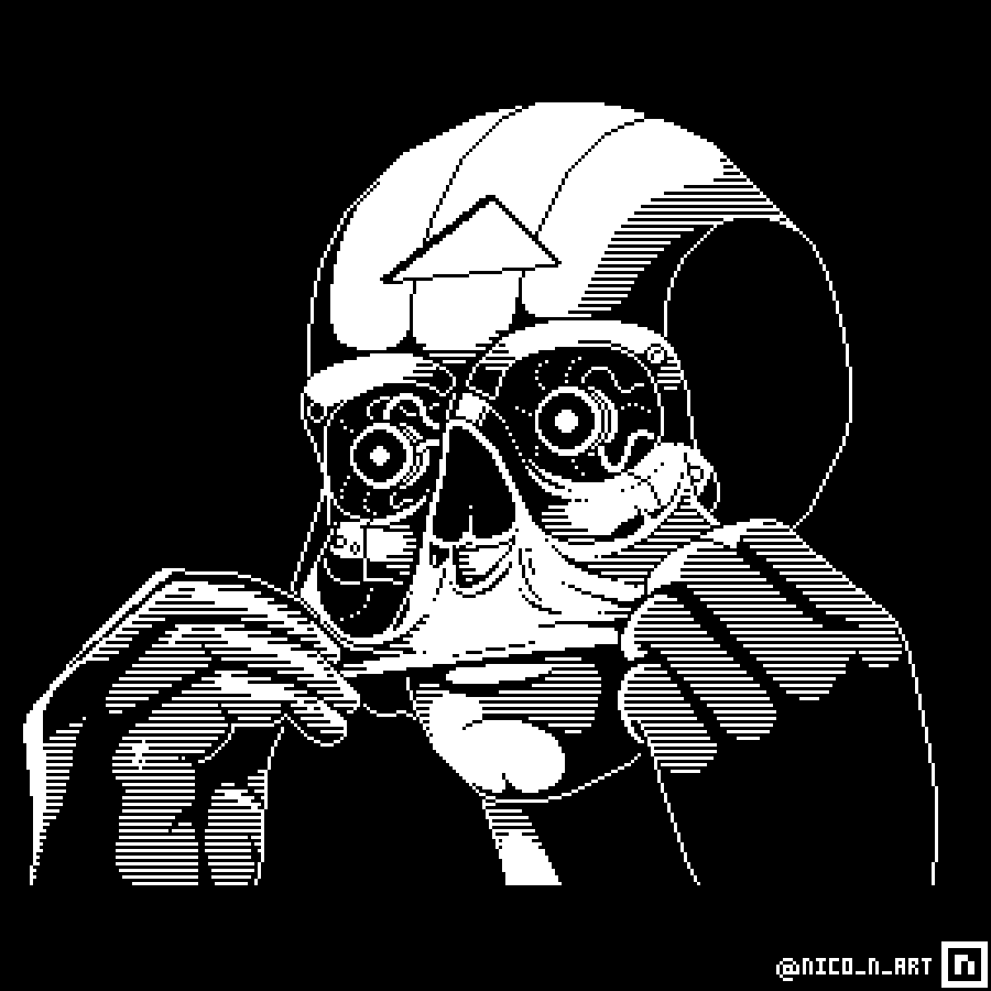 Black and white (1-bit) pixel art illustration representing someone peeling off their face/skin revealing a robot skull underneath. 
The pose is similar to the pose of the character of Patrick Bateman in the movie American Psycho.