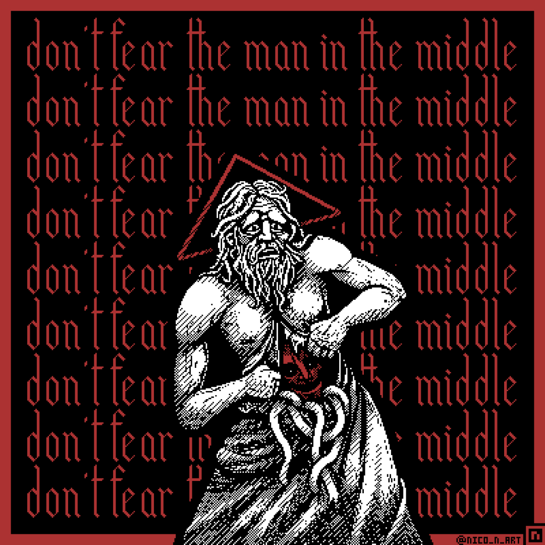 A black, red and white pixel art illustration showing a bearded man with a scared face opening up his entrails showing inside a red grinning face.
Behind his head is a triangular red areola.
In the background, the words 