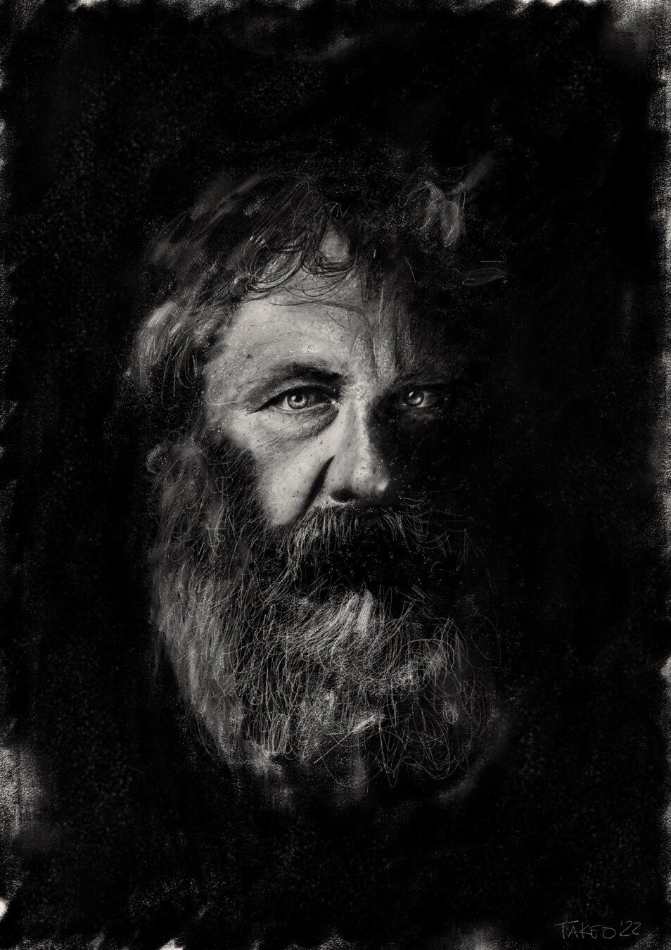 Black and white drawing of a man with a huge beard and piercing eyes based on a rugged looking tin type photo