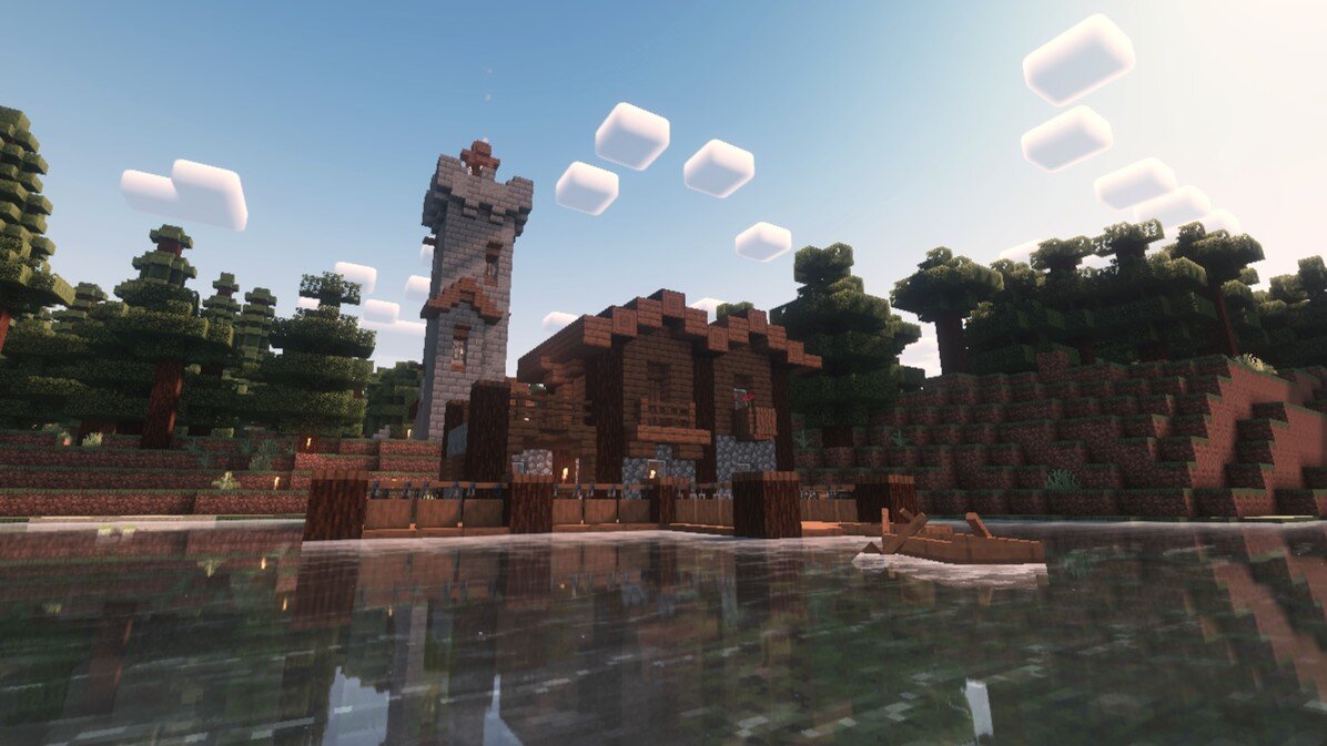 Screenshot of Minecraft showing a forest and lake with docks and a tower