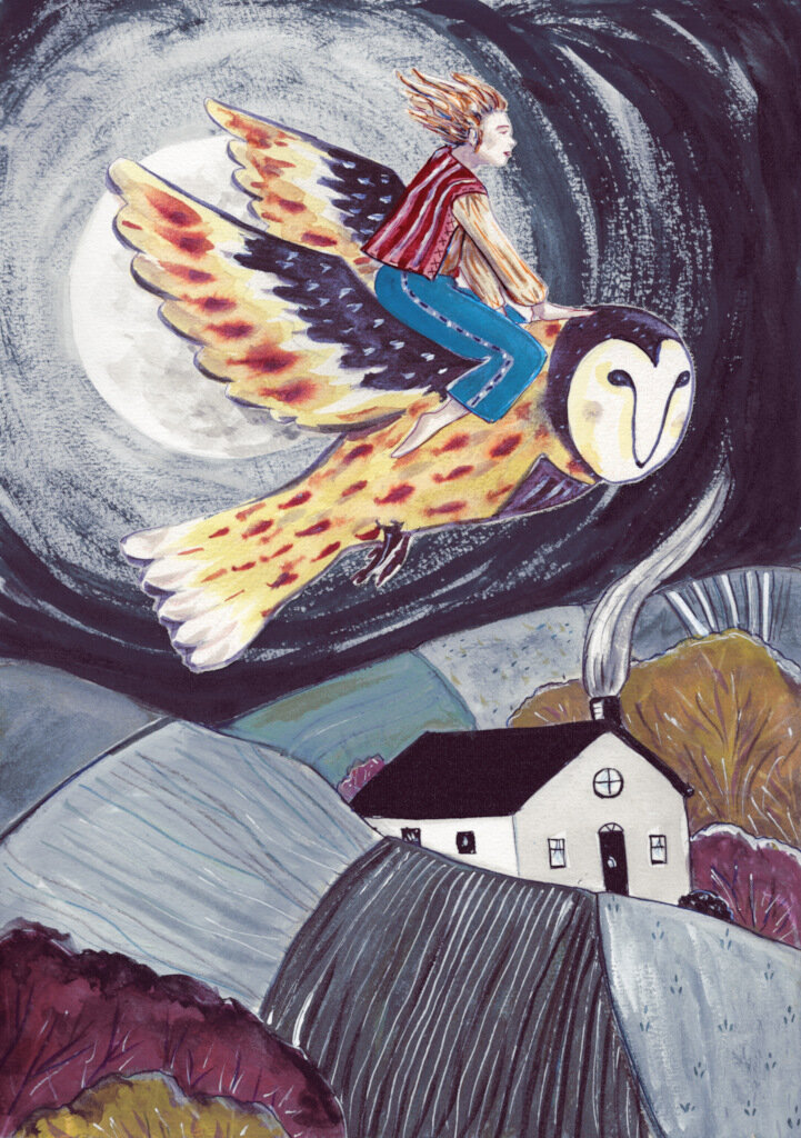a boy is flying on the shoulder of an owl