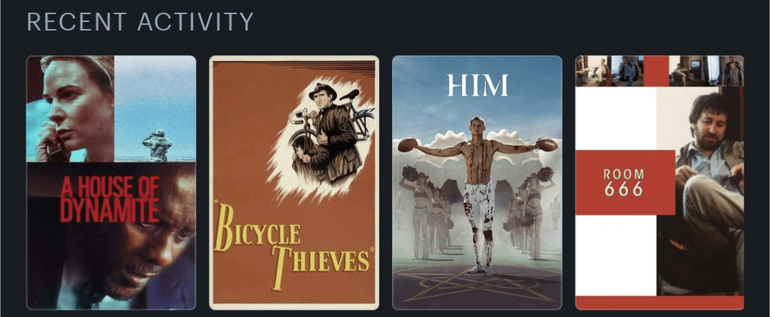 Movie posters for my last 4 watched films -  A House of Dynamite (2025), Bicycle Thieves (1948), HIM (2025), Room 666 (1982)