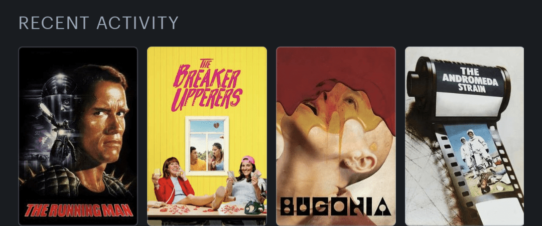 Movies posters for The Running Man (1987), The Breaker Upperers (2018), Bugonia (2025), The Andromeda Strain (1971)