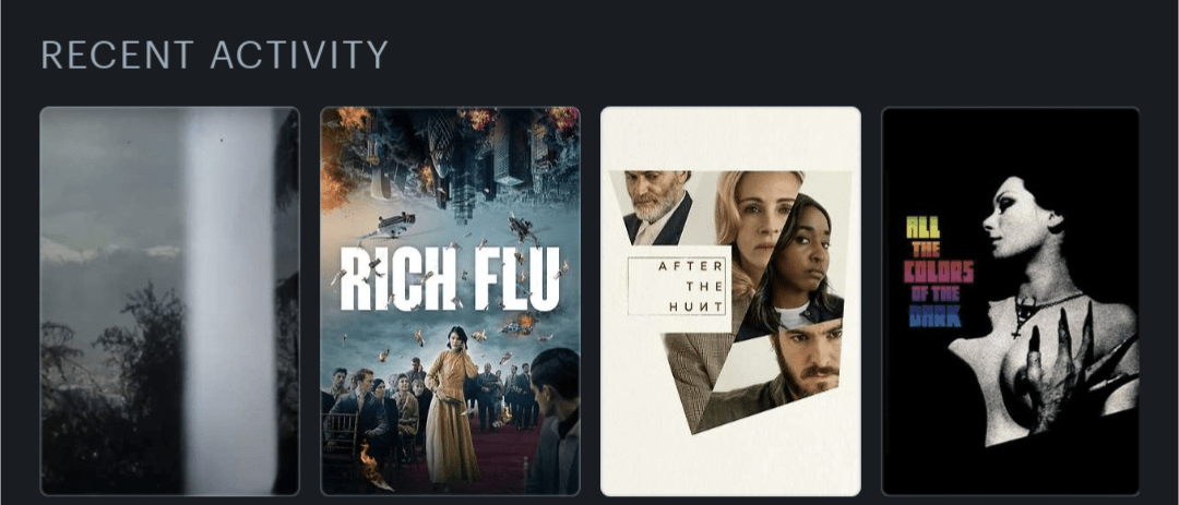 Movie posters for October noon  (2024), Rich Flu (2024), After the Hunt (2025), All the Colours of the Dark (1972)