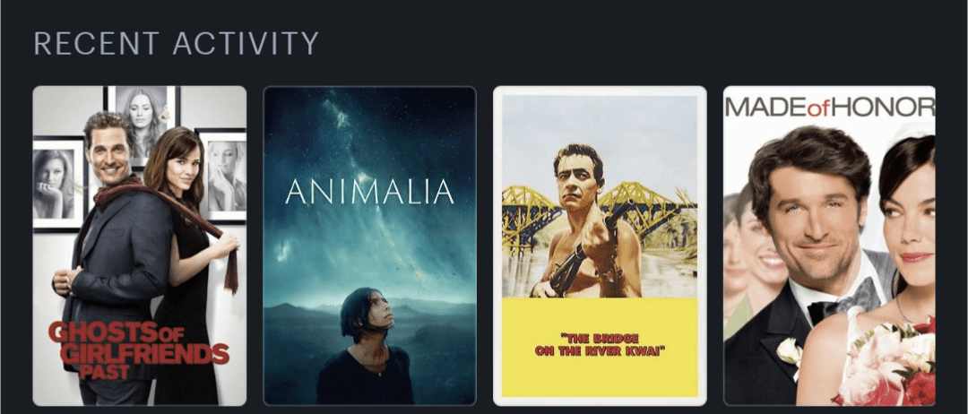 Movie posters for Ghosts of Girlfriends Past (2009), Animalia (2023), The Bridge on the River Kwai (1957), Made of Honor (2008)