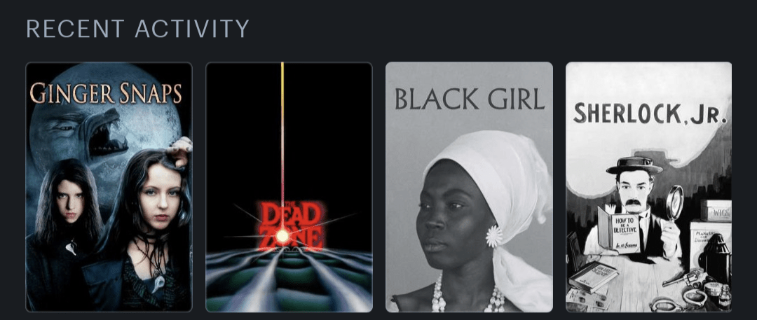 Movies posters for - Sherlock Jr (1924), Black Girl (1966), The Dead Zone (1983), Ginger Snaps (2000)