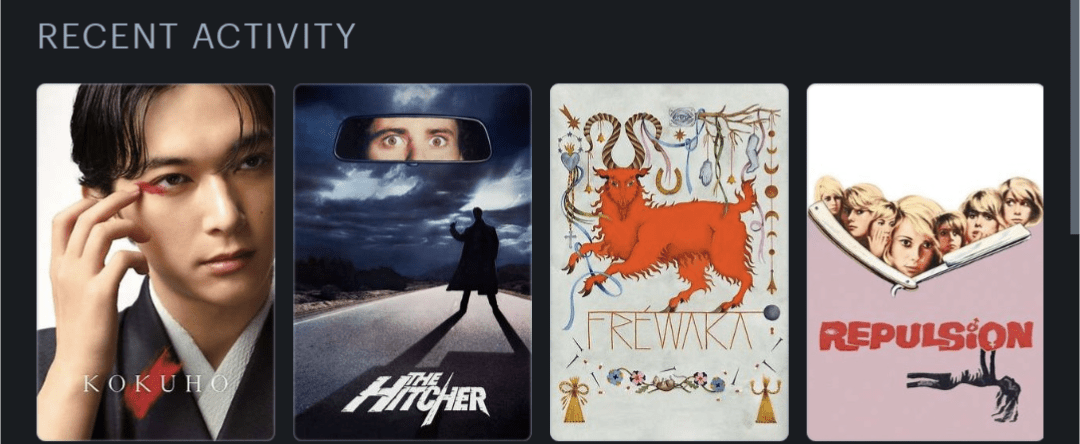 Film posters for Kokuho (2025), The Hitcher (1986), Fréwaka (2024), Repulsion (1965)