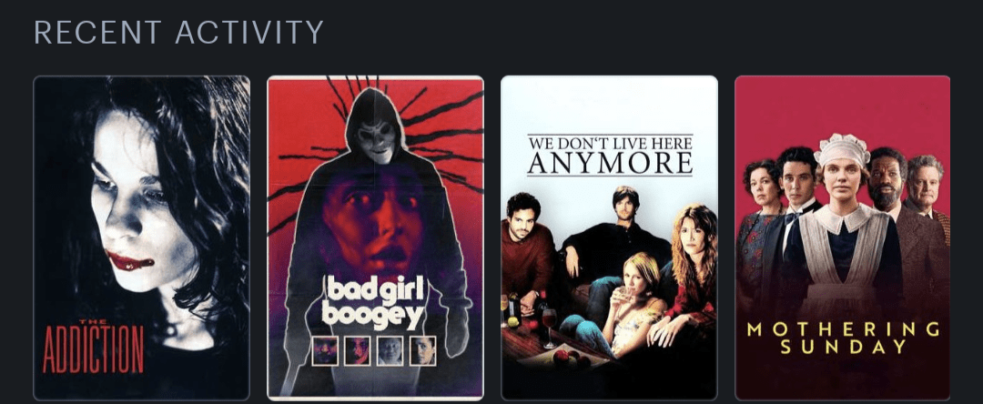 Movie posters for - The Addiction (1995), Bad Girl Boogey (2022), We Don't Live Here Anymore (2004), Mothering Sunday (2021)