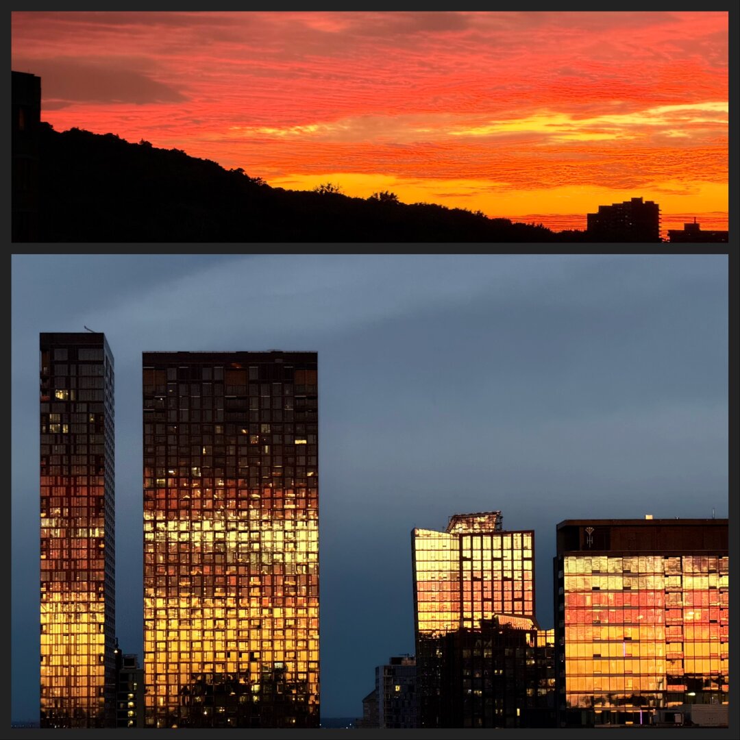 Collage of two images: brilliant shades of orange sunset above, and tall buildings reflecting those colours in windows below. Collage of two images: brilliant shades of orange sunset above, and tall buildings reflecting those colours in windows below.