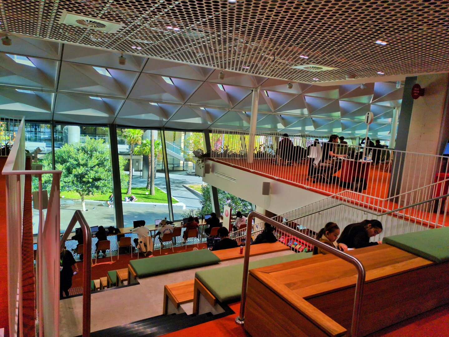 A tiered milti-storey sitting area that looks down into Parramatta Square.
