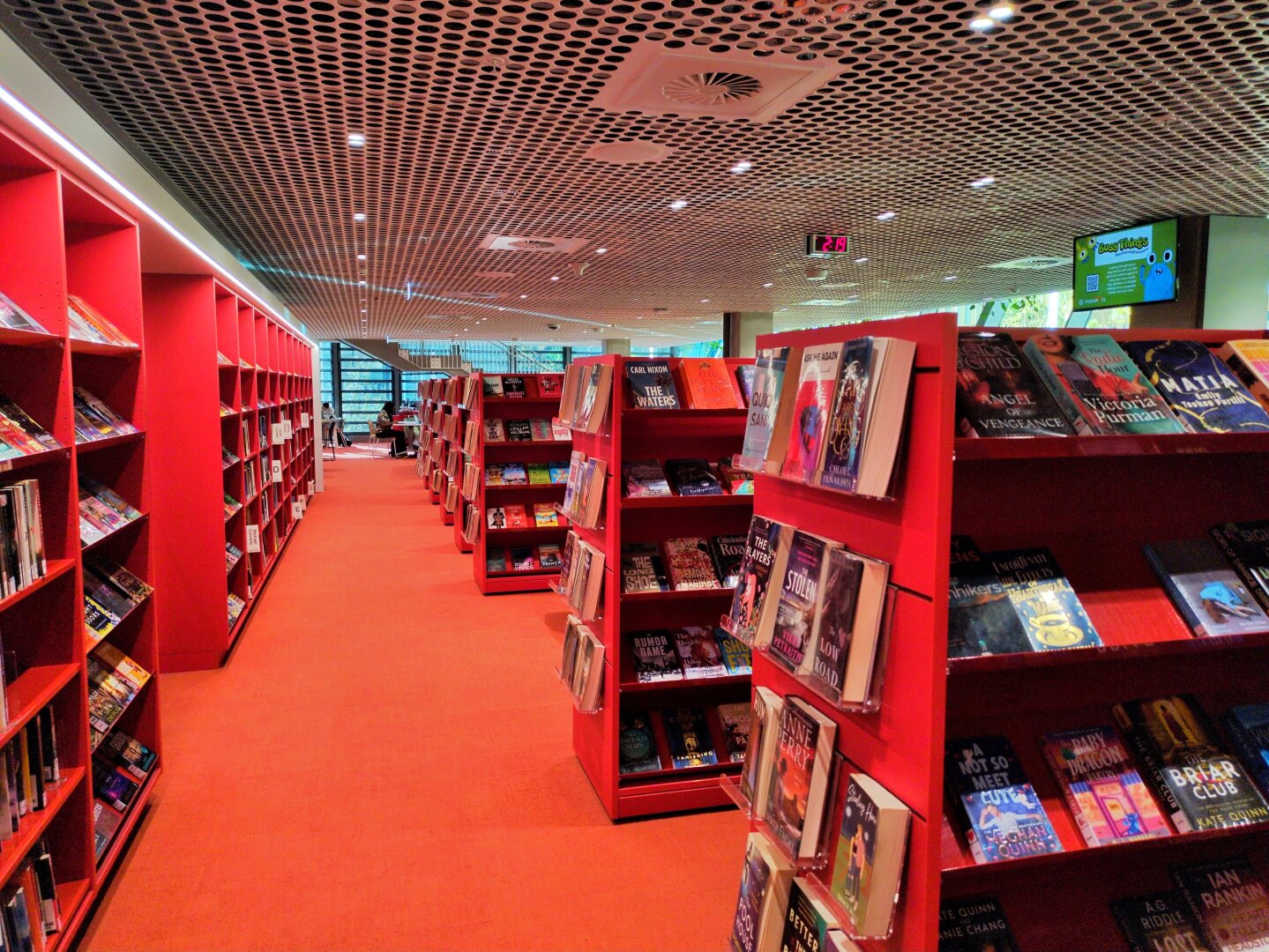 Looking the other way through the red bookshelves.