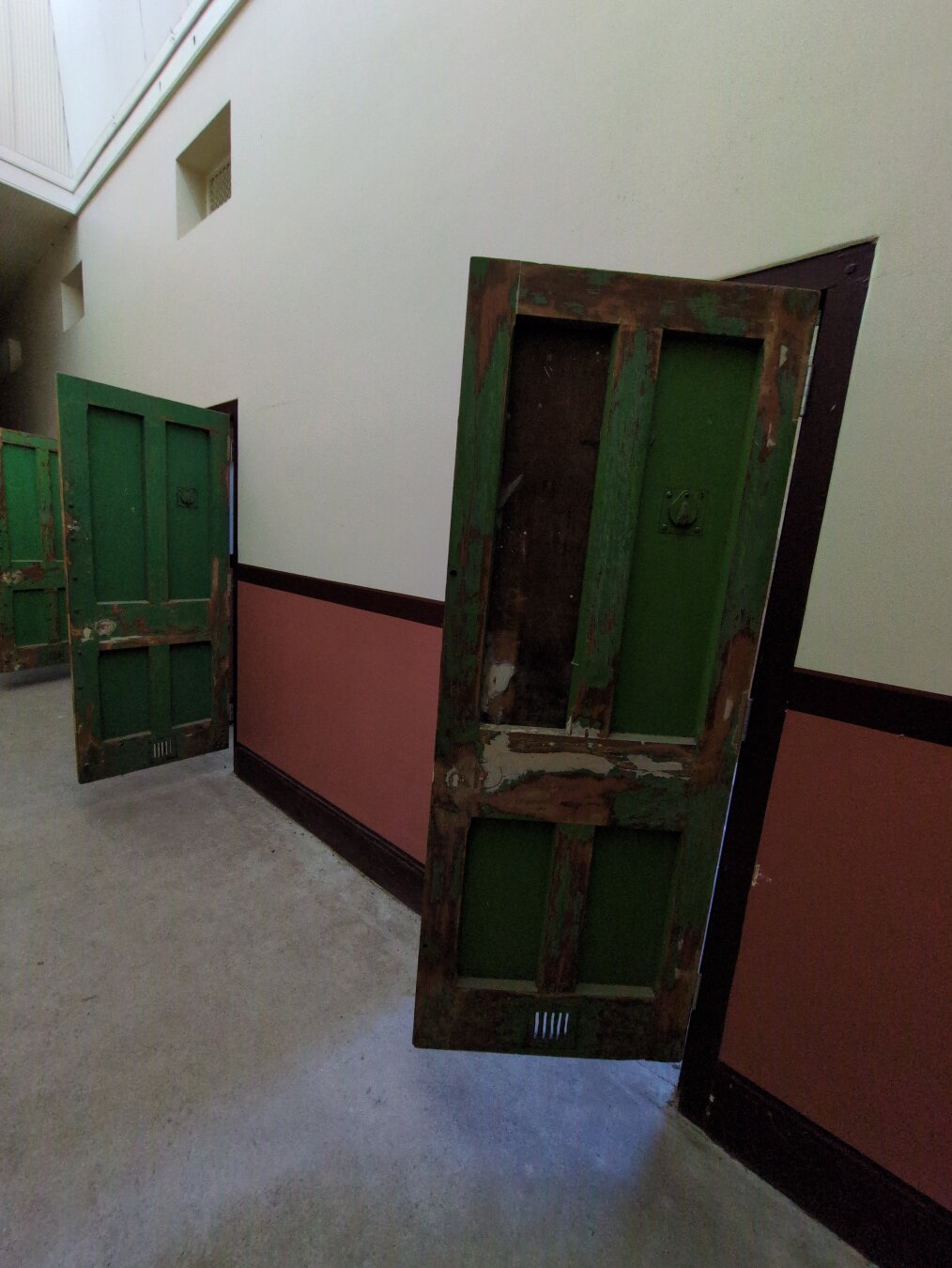 A closer look at the green steel doors.