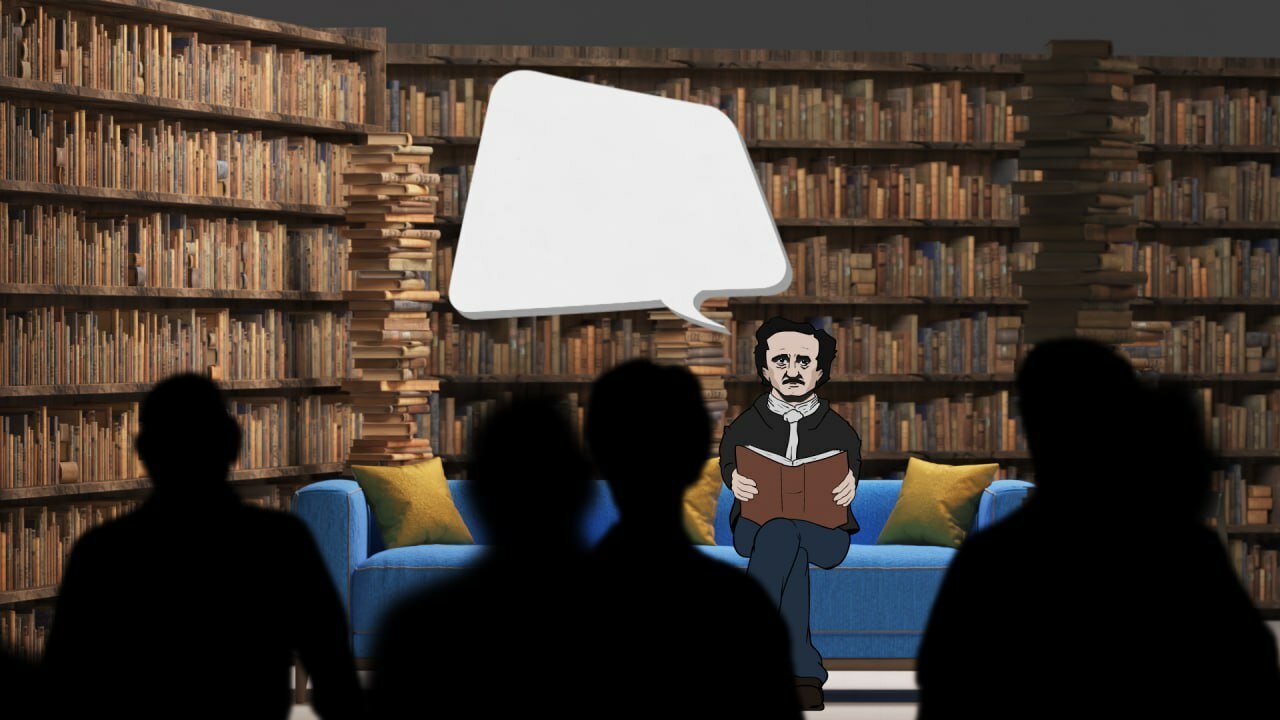 An author (looking like Edgar Allan Poe) sitting in a library, reading from a book