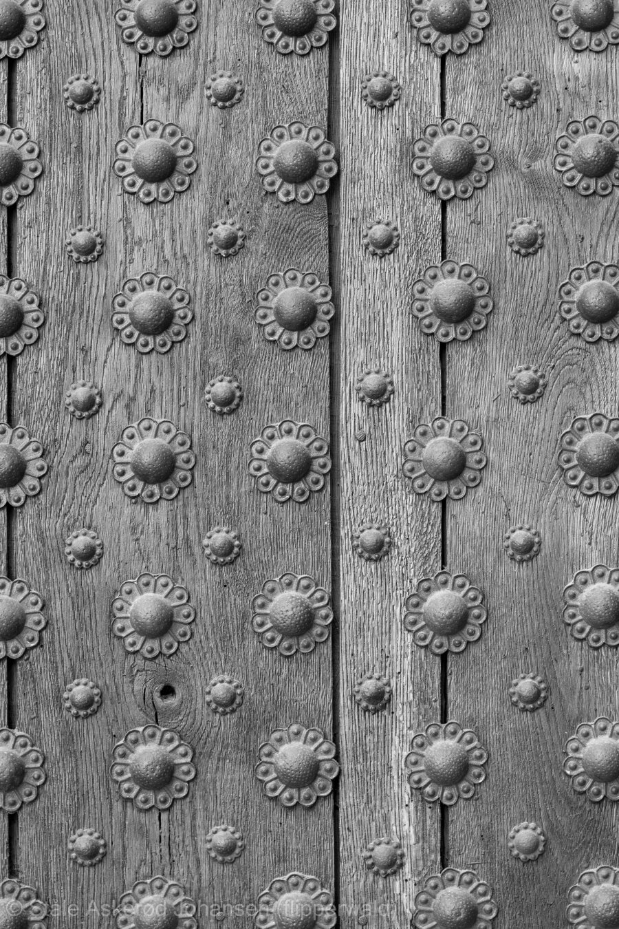Black and white closeup of a door. Decorative metal studs.