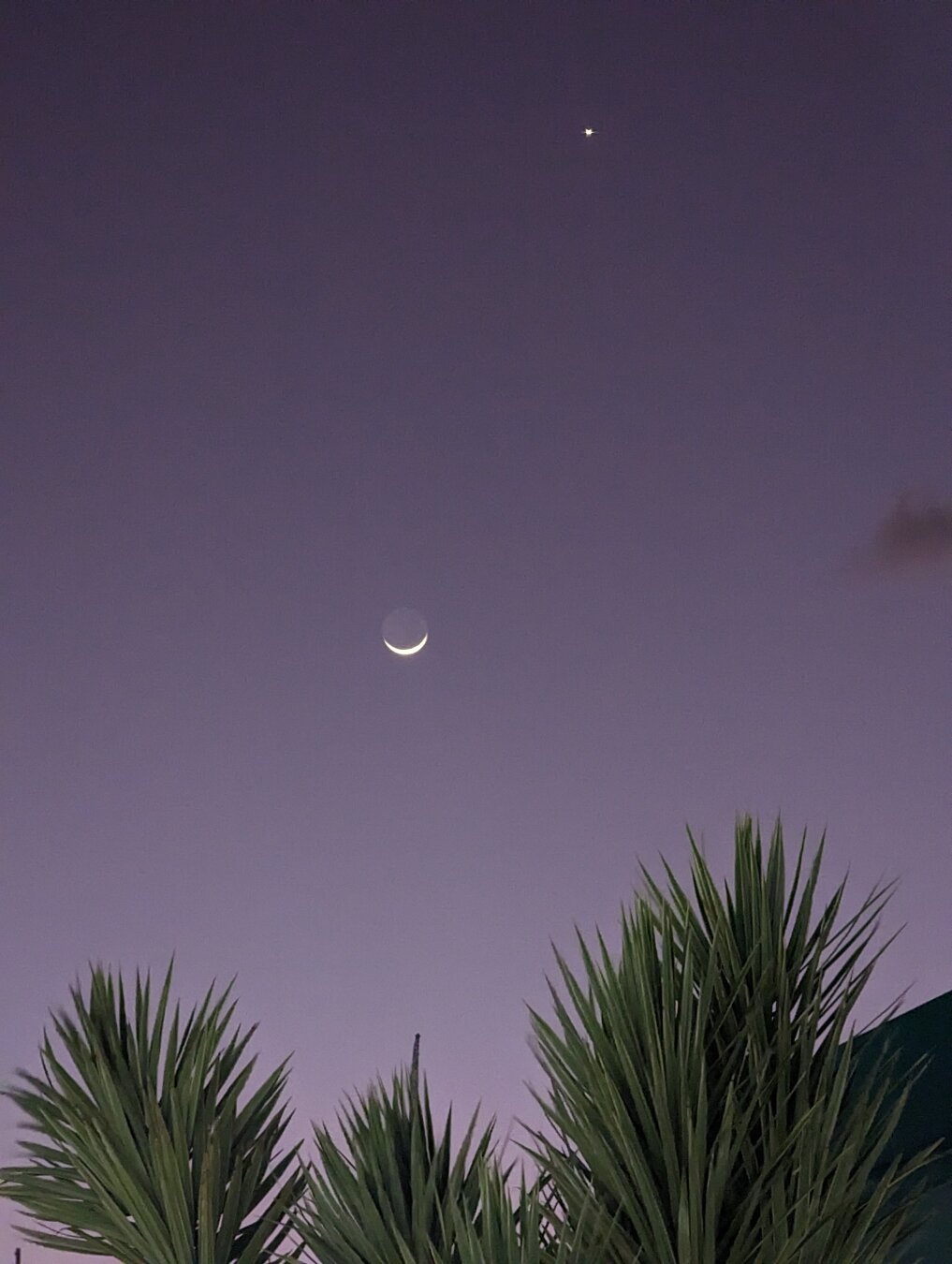 The moon and a couple of planets light the twilight sky over Playa del Carmen