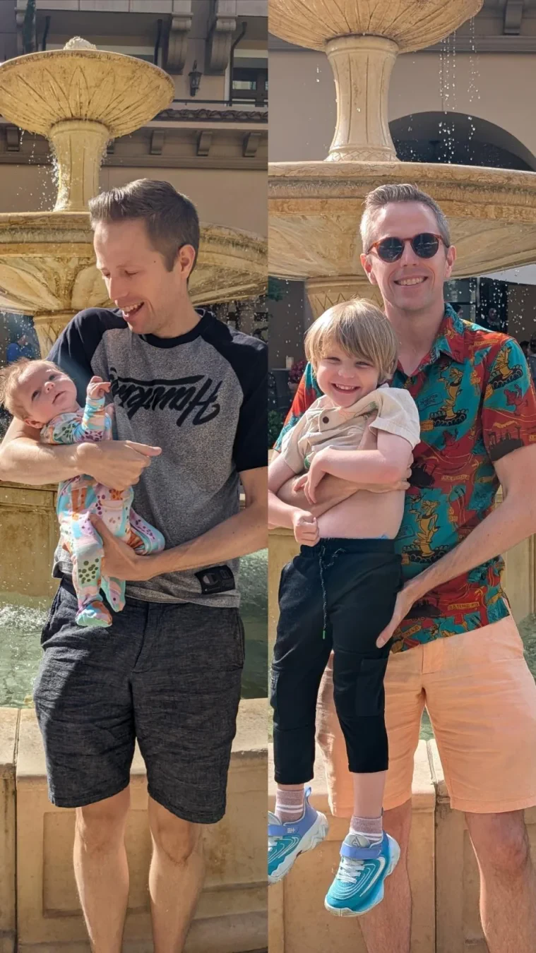Two side-by-side pictures of Patrick and his son PJ in front of the same fountain set 3 years apart. In one photo, PJ is just a few months old and in one photo he is over 3 years old.