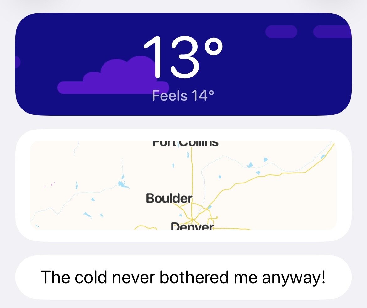 Carrot weather app showing the temperature as 13 degrees Fahrenheit and noting it feels like 14 degrees.