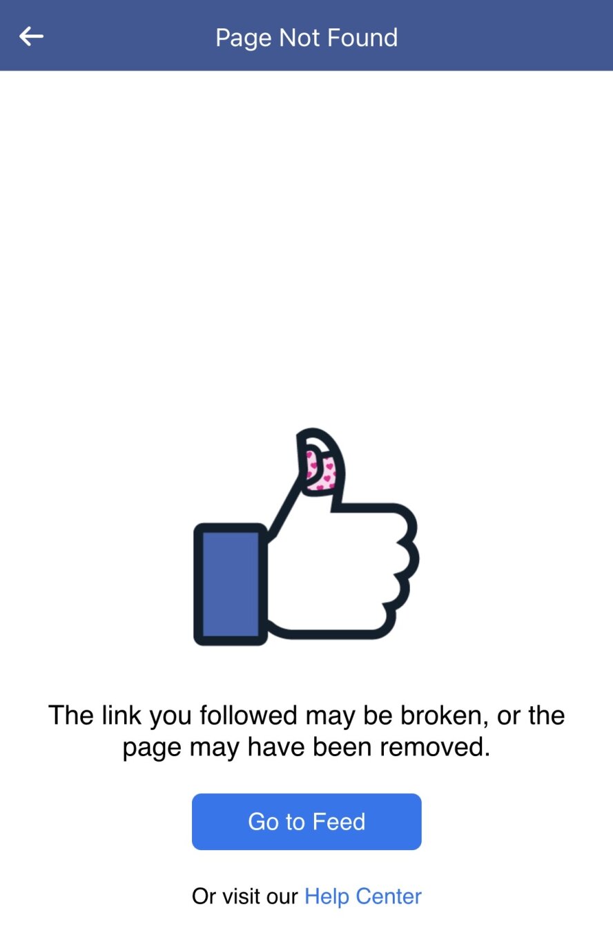 Facebook error dialog in mobile safari on iPhone saying, “page not found.”