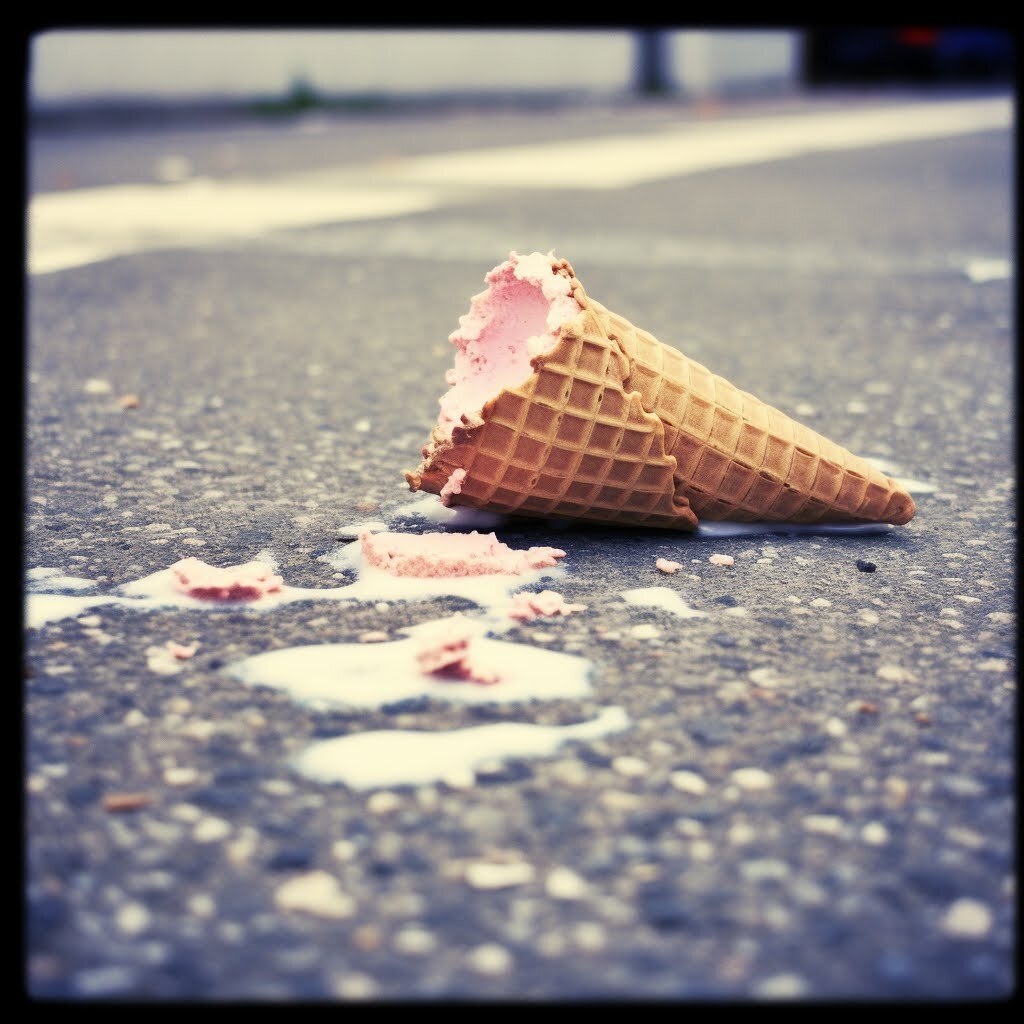 A color photo showing the remains of an ice cream cone on pavement.