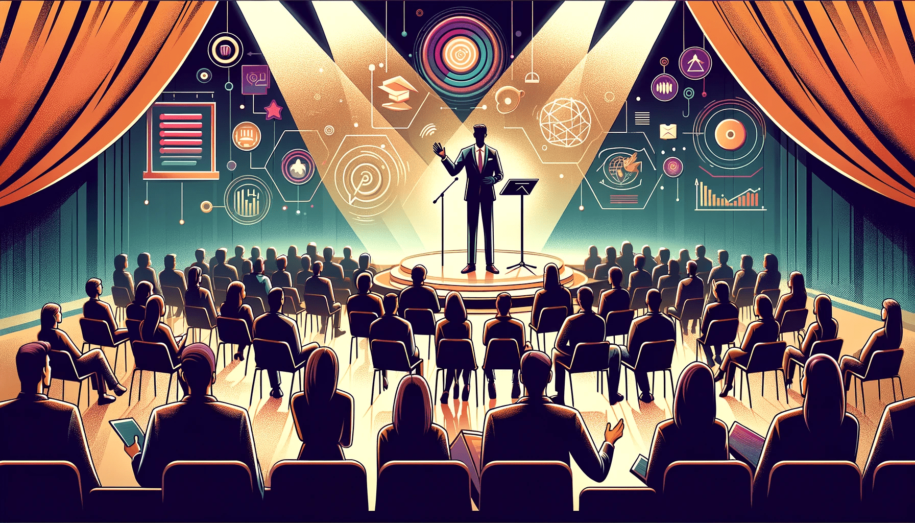 Cover art created by Dall-E: „Create a wide digital illustration for a blog post title about the Speechworks Formula, depicting a speaker in front of an audience.“