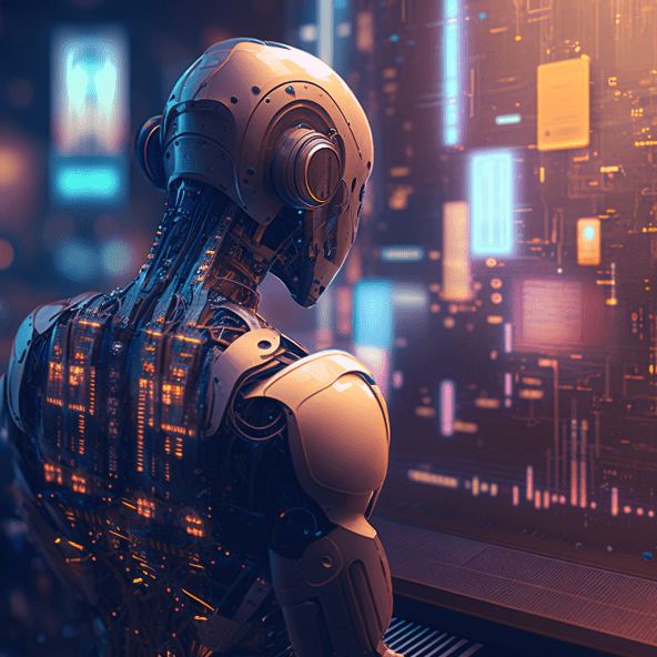 a dreamy robot looking into a circuit board that looks like a futuristic city, cinematic lighting, 8k, 4k ––ar 7:4 ––c 25 ––no windows
