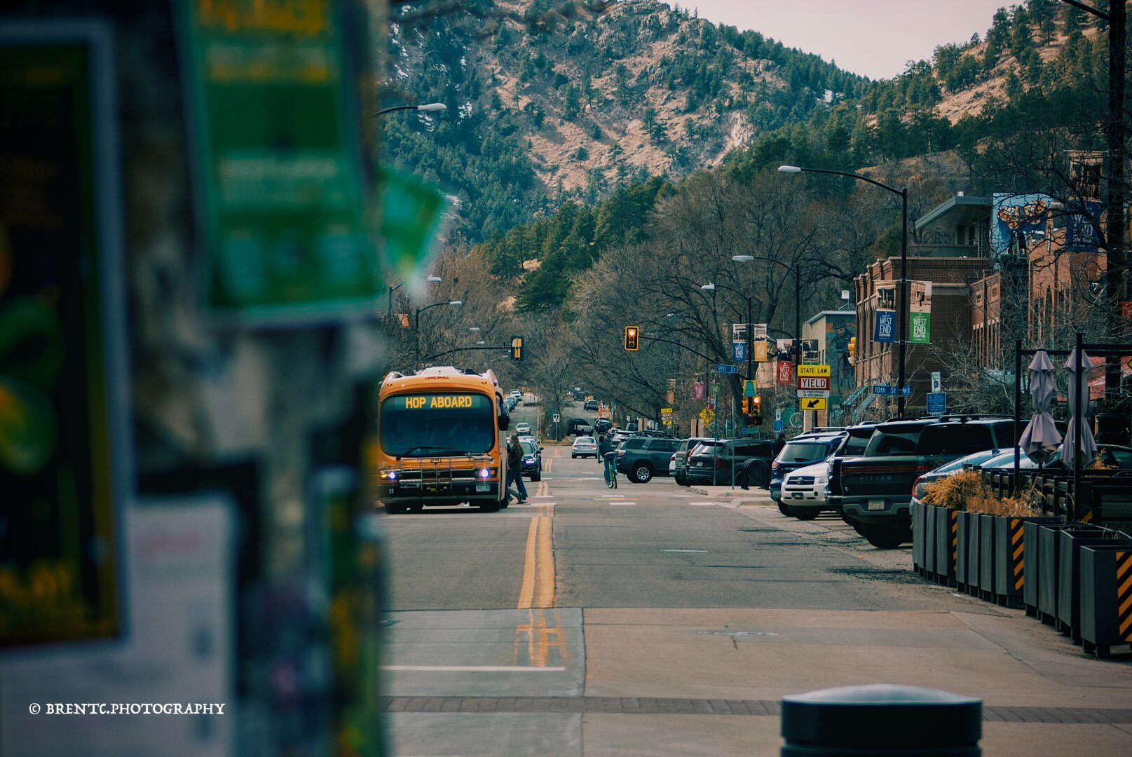 Photo of a public transit bus in Boulder Colorado with the front display saying 