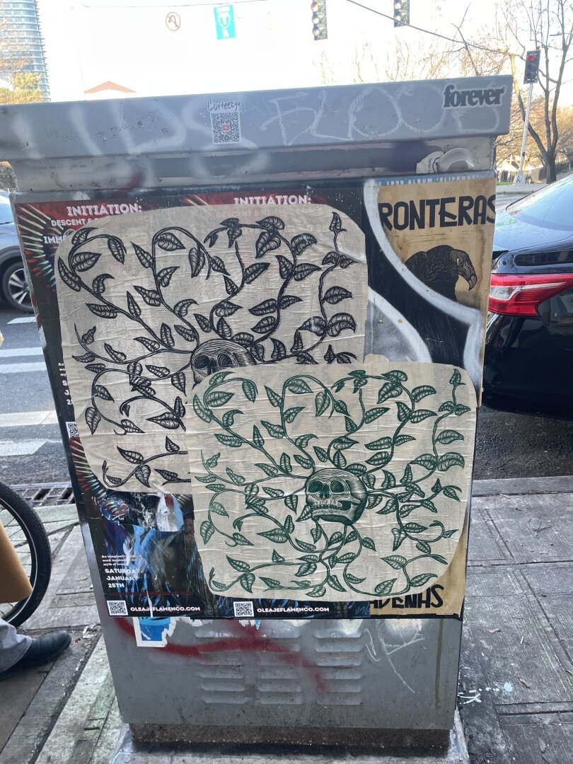 An electrical box with a print wheatpasted onto it twice. The print is a skull surrounded by vines snaking outward. One print is in black, the other green.