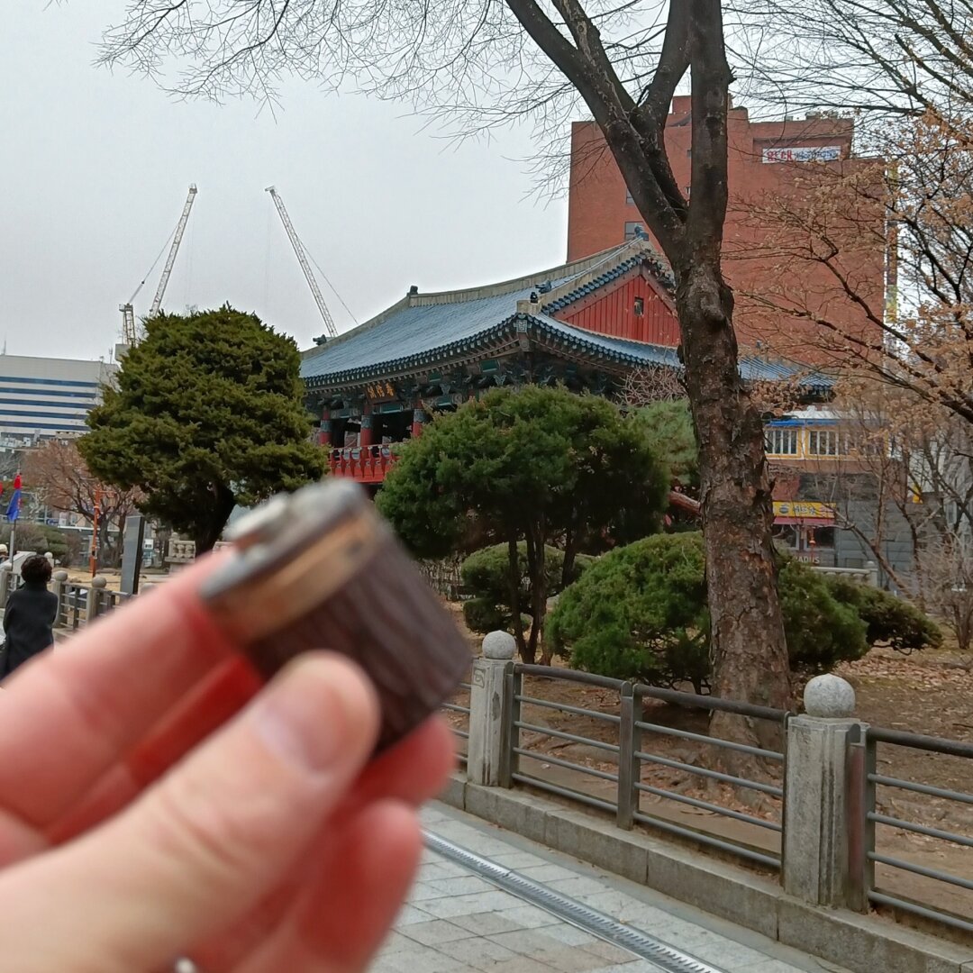 A hand holding a small brown container, in the background a tree and a traditional Korean building