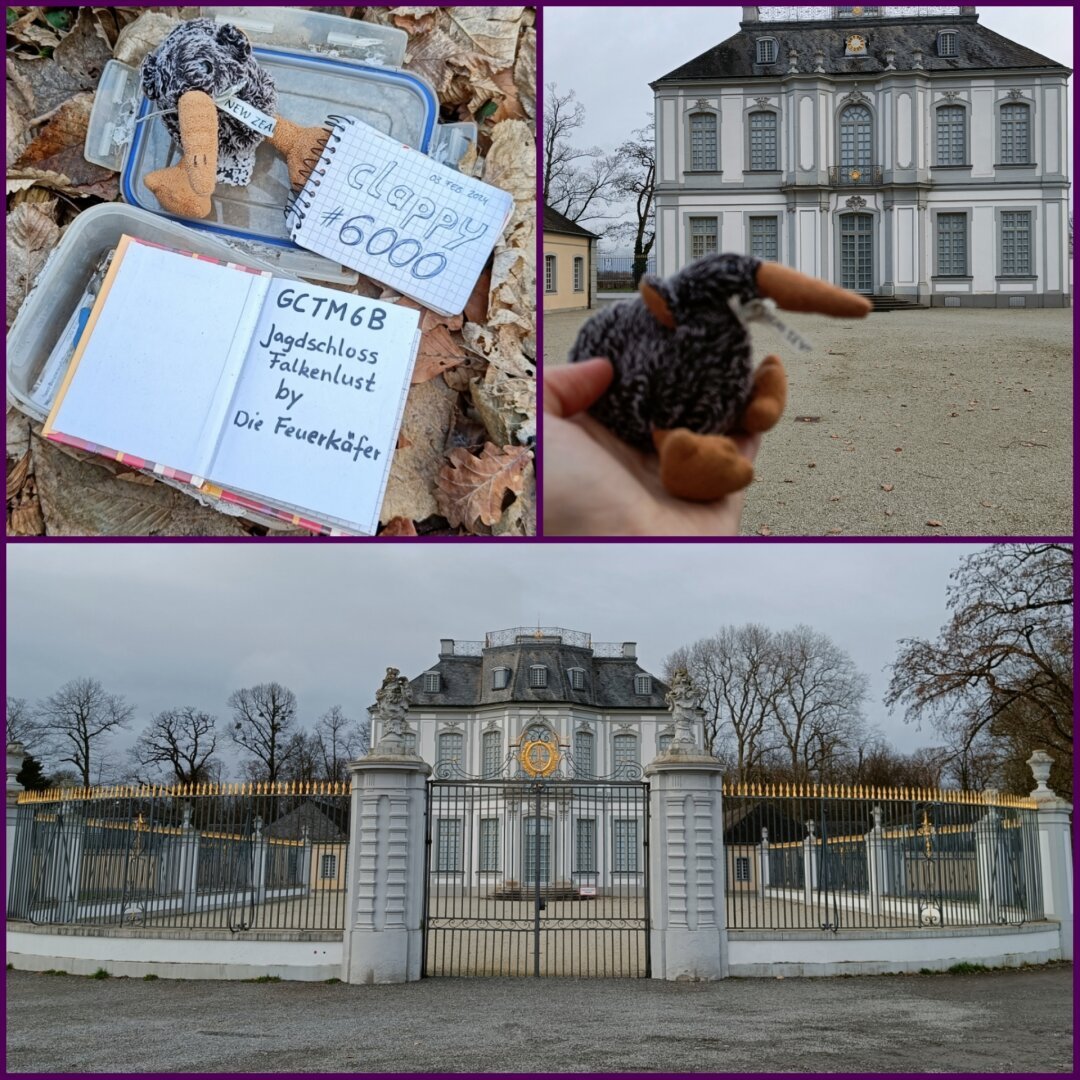A collage made up of three panels. Top left a geocache container with a logbook, my plushie kiwi mascot and a piece of paper showing my caching name and the find count of 6000.
Top right: the plushie kiwi held in front of Schloss Falkenlust
Bottom panel: a panorama shot of Schloss Falkenlust with its entrance gate