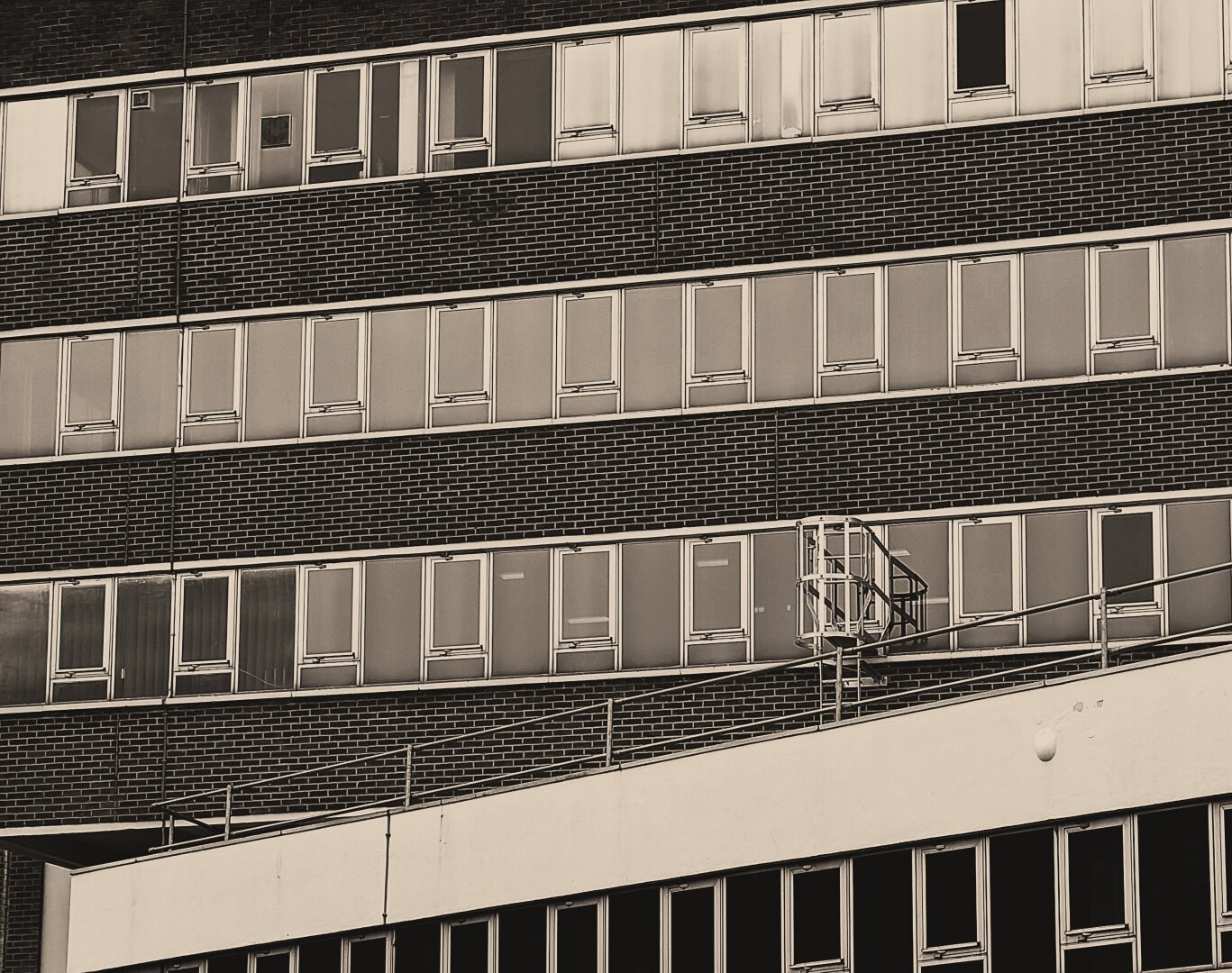 Black and white photo of office building. Close up of building showing regular row of windows.