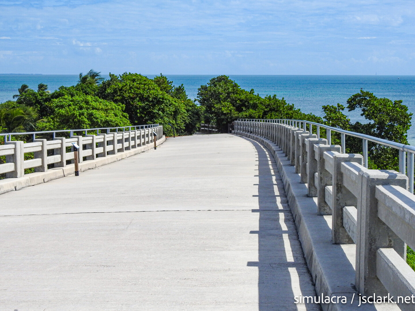 Preserved old Bahia Honda bridge roadway descending into a thicket of sea grapes.