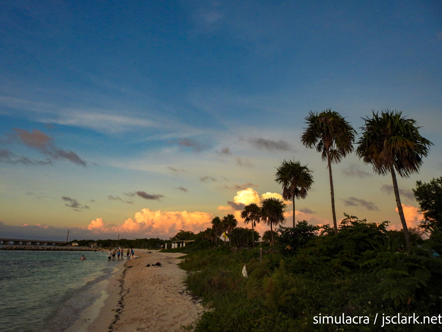 Palm trees against colorful sunset sky at Calusa Beach