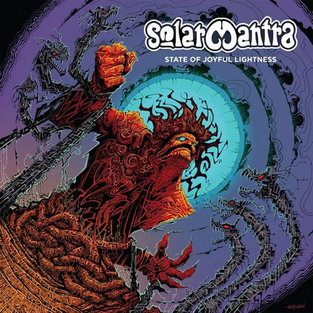 The album cover of State of Joyful Lightness by Solar Mantra erupts as a psychedelic vision of inner conflict, where a molten, tree-like titan emerges from a labyrinth of roots while mechanical serpent heads encircle it beneath an electric blue halo. Organic growth and industrial menace collide in a mythic landscape, suggesting resilience forged through adversity. Echoing the explosive defiance of "Dynamite" and the spiritual confrontation of "Holy Water," the artwork portrays enlightenment not as serenity but as the hard-won triumph of light over chaos.