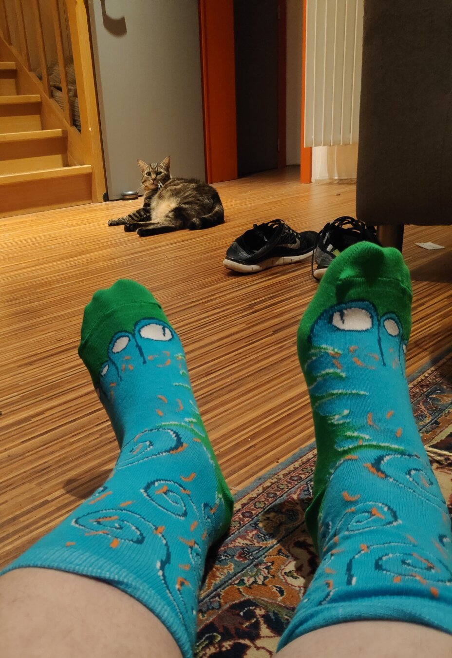 Les chaussettes par quoi tout a commencé : bleue et verte. 
Motif : pied de NacMacFeefle (des pictsies : imagine des stroumpfs agressifs et pictes, demi-nu et en kilt) bleu sur du gazon vert